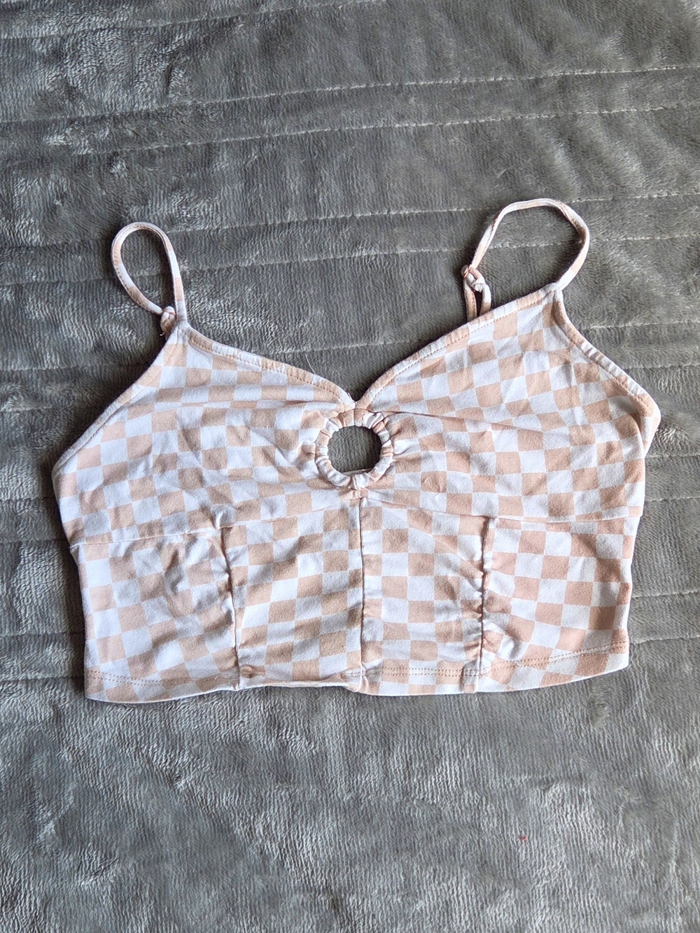 Checkerboard Ring-Front Tank in Light Brown and White
